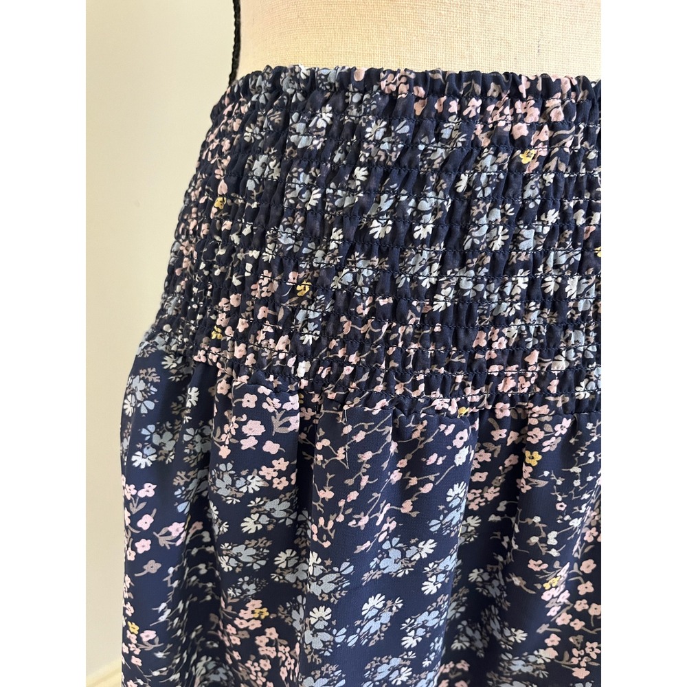 Navy Blue Ditsy Floral Smocked Mini Skirt Size Medium Ruffle Tiered Cottagecore - Picture 4 of 8
